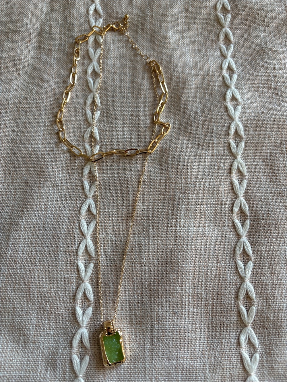Gold Chain Necklace with Green Pendant by